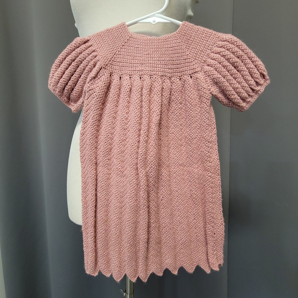 Handmade Crochet‎ Dress Pink Puff Sleeve Chevron Hem Baby Girl 12-18M